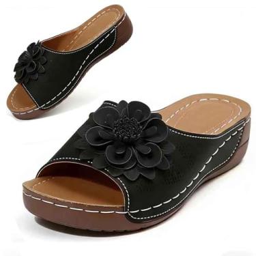 Imagem de RiceelSor Sandálias femininas elegantes de flor ortopédica plataforma casual confortável com bico aberto, com suporte de arco, chinelos de praia boho de verão, Preto, 38