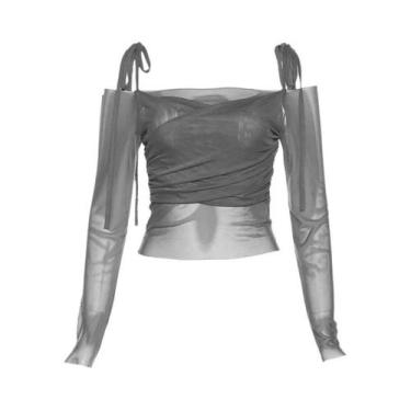 Imagem de Camiseta Feminina Y2K Off-Shoulder De Manga Longa Em Tule, Ajuste Slim