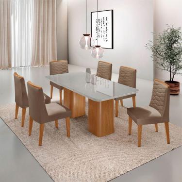 Imagem de Mesa De Jantar Eloise Tampo MDF Vidro Com 6 Cadeiras Moderna Veludo Capuccino Off White Naturale