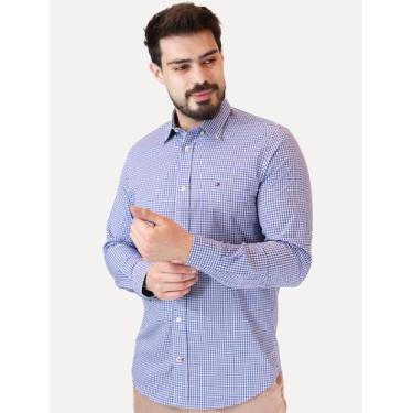 Imagem de Camisa Tommy Hilfiger Masculina Xadrez Gingham Branca/Azul Médio Taman