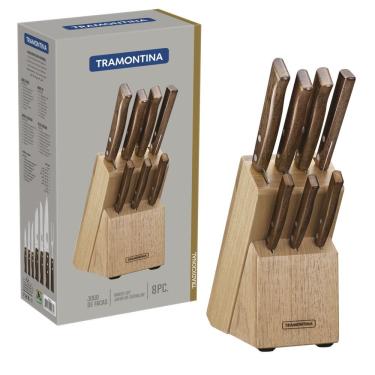 Imagem de Jogo de Facas Tradicional para Cozinha em Aço Inox e Madeira Natural com Suporte Amadei...