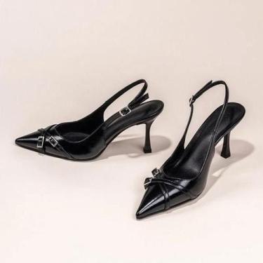 Imagem de Sapatos Femininos De Salto Alto Com Bico Fino E Fivela Decorativa, Ele