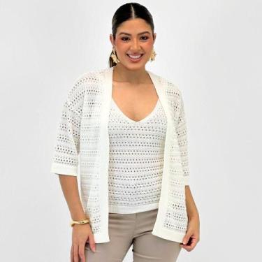 Imagem de Kimono Via Tricot Manga 3/4 em Tricot Feminino, M, Off white
