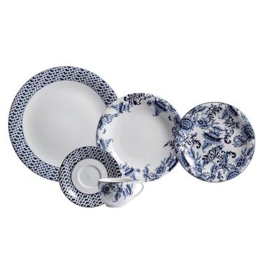 Imagem de Aparelho de Jantar Tamandaré 30 Peças Porcelana Redondo para Uso Diário Branco e Azul Schmidt