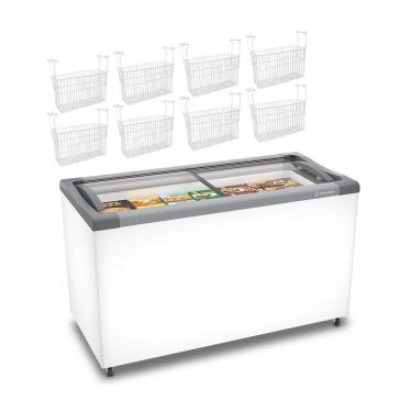Imagem de Kit Freezer Horizontal para Congelados Metalfrio 318L Porta de Vidro NF40 Branco com 8 Cestos 220V