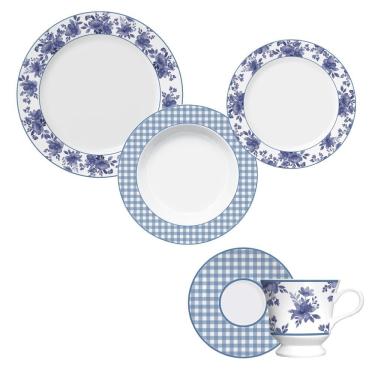 Imagem de Aparelho de Jantar Floral Azul 30 Peças Material Porcelana Estampada para Uso Diário Branco e Azul Germer Porcelanas