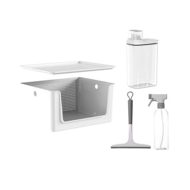 Imagem de Kit Lavanderia Flow com Dispenser de Sabão 2,3L Borrifador Rodo e Cesto com Tampa Branco Ou