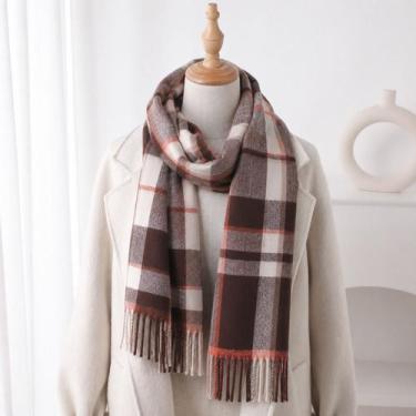 Imagem de Cachecol Xadrez Feminino Elegante Echarpe Inverno com Franjas Macio Es