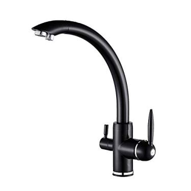 Imagem de Akitbahome Torneira de pia de cozinha moderna com 2 saídas de água, torneiras de cozinha 2 em 1, torneira de água potável, preta