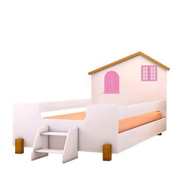 Imagem de Cama Casinha Montessoriana Solteiro Com Escadinha Branco Rosa Belíssima Divaloto
