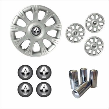 Imagem de Jogo Calota Aro 14 Sandero Logan 2009 à 2013 Renault + Emblema Resinado + Tampa Ventil Cromada