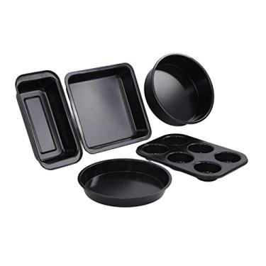 Imagem de Conjunto de Assadeiras de Assar, Conjunto de 5 Peças de Assadeira de Aço Carbono Antiaderente com Assadeira Profunda de Assar, Fôrma Quadrada e Redonda, Assadeira de Muffin, Assadeira de Pão Durável Profissional Resistente à ferrugem para Forno, Cozinha (preto)
