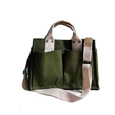 Imagem de Bestgift Bolsa feminina de lona bolsa diagonal de ombro com vários bolsos, Verde militar, Transversal