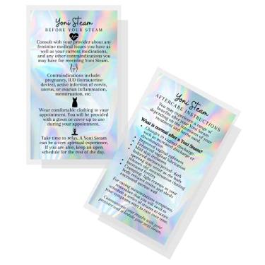 Imagem de Cartões de instruções para cuidados com vapor Yoni Steam pré / pós | Pacote com 50 | Tamanho do cartão de visita de 5 x 8,9 cm | Design de aparência holográfica de arco-íris fosco não reflexivo