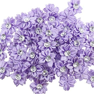 Imagem de 60 peças fitas de cetim flores laços flores pequenas para artesanato mini tecido flores margaridas com strass laços de fita de cetim para apliques de ornamento casamento DIY (roxo)