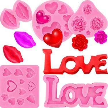Imagem de 5 moldes de fondant para o dia dos namorados, moldes para bolo de casamento, fondant, lábios, coração, rosa, flor, amor, letra, doces, silicone, ferramenta de assar, topo, cupcake, polímero, sabonete, cera, decoração