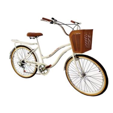 Imagem de Bicicleta Aro 26 Com Bagageiro Cesta Marrom 6V Branco - Maria Clara Bi