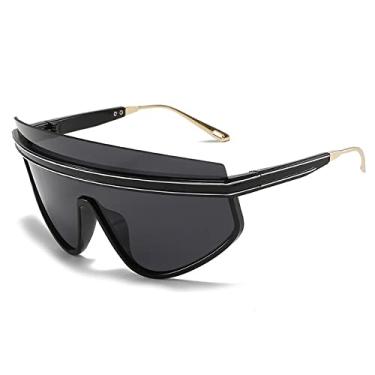 Imagem de Óculos de sol de luxo com escudo de uma peça para mulheres vintage tamanho grande meia armação com listras óculos de sol masculinos tons pretos, cinza preto, tamanho único