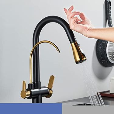 Imagem de Modo de guindaste de água fria quente Torneira misturadora montada no convés Filtro de sensor de toque Torneira de cozinha com água pura Retire a torneira misturadora Girar, preto e dourado,