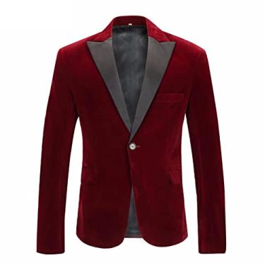 Imagem de Blazer de veludo masculino terno jaqueta festa jantar baile terno jaqueta de um botão sólido trespassado blazer de casamento casaco externo, vermelho2, GG