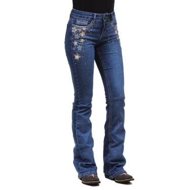 Imagem de Calça Feminina Boot Cut Azul Bordada com Elastano Tassa 33263