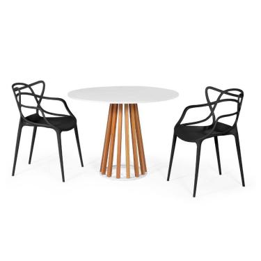 Imagem de Conjunto Mesa de Jantar Redonda Branca 100cm Talia Amadeirada com 2 Cadeiras Allegra - Preto