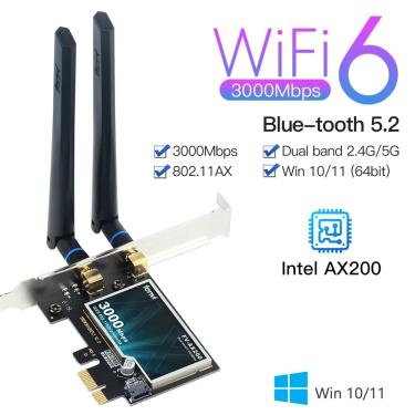Imagem de Adaptador sem fio Intel Desktop PCIe WiFi  3000Mbps  6  Bluetooth 5.2  802.11ax  Banda dupla  2.4G