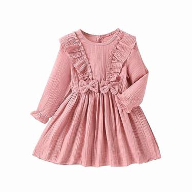 Imagem de Qvkarw Vestidos infantis de algodão primavera e outono manga longa laço evasê vestidos de concurso para meninas, rosa, 6-7 Anos