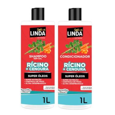 Imagem de Kit Shampoo e Condicionador Rícino + Cenoura 1L Para Hidratação Intensa e Controle de frizz Acelera o Crescimento dos Cabelos Sallon Linda