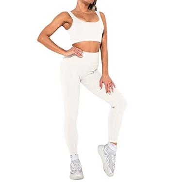 Imagem de Conjunto de 2 peças de treino para mulheres leggings de cintura alta sem costura com sutiã esportivo elástico acolchoado conjuntos de roupas de ginástica body, Bege, P