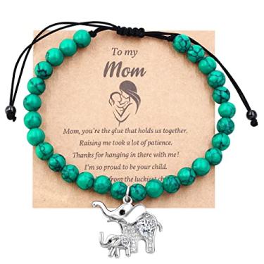 Imagem de Pulseira de ágata fosca com contas de ônix/turquesa, pulseira de elefante Good Luck Mom e bebê, To My Mom, presente para o dia das mães da filha, 7 inch, Pedra, Zircônia cúbica