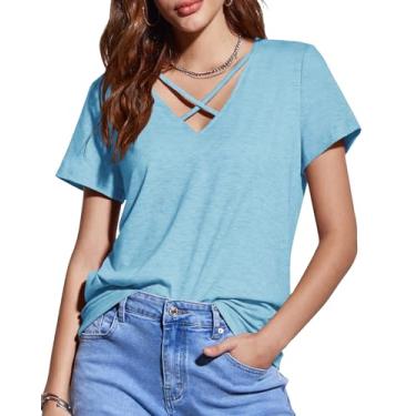 Imagem de Esobo Camisetas femininas de verão 2024, soltas, manga curta, casual, básica, gola V, corte baixo, sexy, cruzada, linda camiseta, Azul-celeste, GG