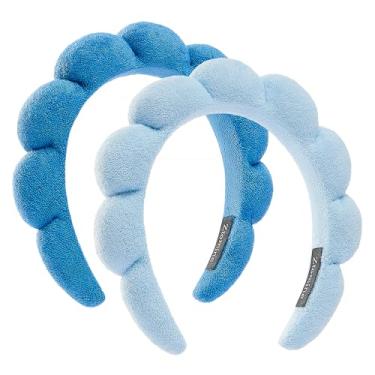 Imagem de Conjunto de faixas de cabelo para lavagem de rosto de spa – 2 faixas de cabelo de tecido felpudo para maquiagem, pacote combo para cuidados com a pele facial, máscaras faciais (azul escuro + azul