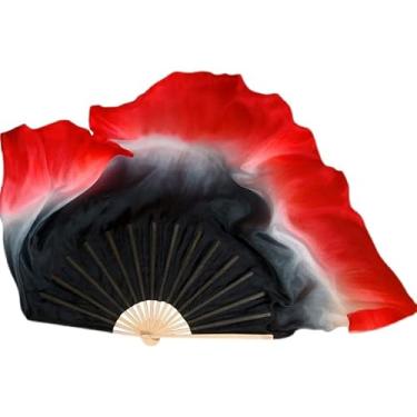 Imagem de Aumulen Véus curtos de seda chinesa de 61 cm para dança do ventre ventiladores de fluxo feitos à mão para dança do ventre para apresentações de palco de festa (preto vermelho)