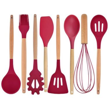 Imagem de Kit 8 Talheres Silicone Cor Vinho Colher de Arroz Pincel Concha Colher Vazada Espátula Vazada Batedor de Clara Fouet Peg