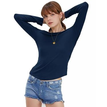 Imagem de TIMOCHALA Camiseta feminina de manga comprida, gola canoa, costas nuas, malha canelada, justa, Y2K, casual, Azul-marinho, G