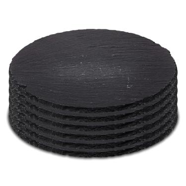 Imagem de Sisson Distribution Tábuas de queijo redondas de ardósia - Conjunto de 6 pratos de pedra preta de 20 cm de diâmetro, bandejas de charcutaria, perfeitas para festas, presentes, aperitivos, carne