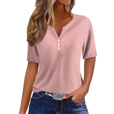 Imagem de Camisetas femininas de verão, manga curta, gola V, casual, solta, cor sólida, camisetas básicas, túnica, blusas, modernas, modernas, rosa, GG