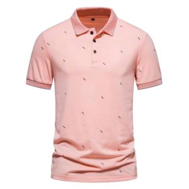 Imagem de Camisas polo masculinas estampadas slim fit camisas de golfe moda casual tênis camisas polo, Rosa, M