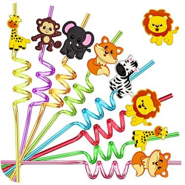 Imagem de 24 canudos de animais da floresta, canudos de coquetel de bebida para leão, raposa, zebra, girafa, macaco, safári, suprimentos de festa de aniversário, lembrancinhas de festa na floresta com 2 pincéis