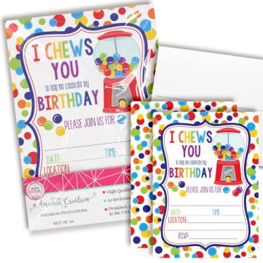 Imagem de Convites de festa de aniversário temáticos de chiclete colorido arco-íris para crianças, 20 cartões de preenchimento de 12,7 cm x 17,7 cm com vinte envelopes brancos da AmandaCreation