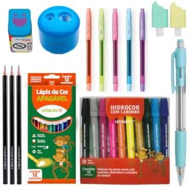 Imagem de Kit de Material Escolar Completo Canetinha com Carimbo Lapis de cor Apagável Canetas Gel - Leo e Leo (Azul)