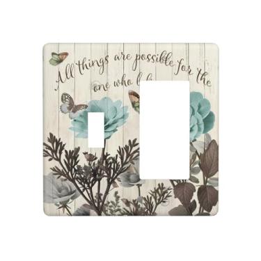 Imagem de Citações motivacionais florais rústicas azul-petróleo e tulipa marrom em madeira bege retrô 2 gangues capa de interruptor de luz artística combinação decorativa interruptor/decoração placa de parede