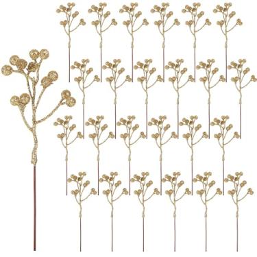 Imagem de CCINEE Pacote com 24 hastes artificiais de bagas douradas de Natal, 17 cm, galhos de azevinho para enfeites de árvore de Natal, guirlanda de Natal, artesanato, decoração de férias em casa