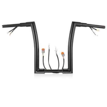 Imagem de MoKitDora Sportster Dyna Softail Guidão pré-cabeado Barras de elevação 35.6 cm 3-1/5.1 cm Fat 2.5 cm Clamp Ape Hanger para Harley XL 883 1200 Road King FLHR 1996-2006, preto