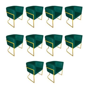 Imagem de Kit 10 Cadeiras de Jantar Premium Base de Ferro Dourada Veludo Verde -