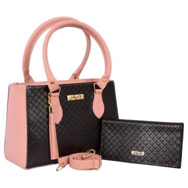 Imagem de Kit Bolsa Feminina Bicolor + Carteira - Aryel, Preto com rosa