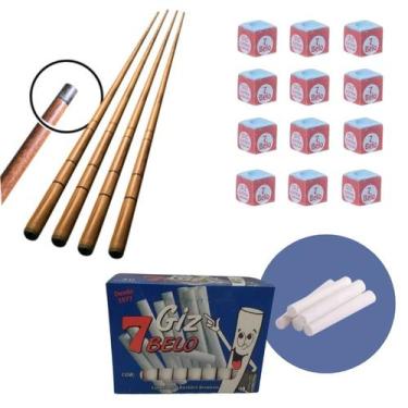 Imagem de Kit 4 Tacos Pequenos 1M + 12Unidades Giz Azul + 1 Cx Giz Branco Sinuca