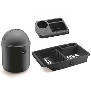 Imagem de Kit 3 Peças  Para Cozinha Com Lixeira Organizador De Pia E Escorredor 