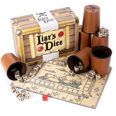 Imagem de Brybelly Liar's Dice Game Set - Classic Family Bluffing Game - Treasure Chest Includes Six Professional Bicast Leather Dice Cups, 30 Custom Bullseye D6 Dice, Custom Bidding Die, Pirate Ship Game Mat